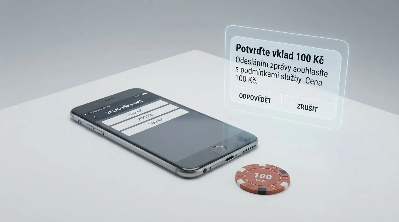 Infografika krok za krokem: výběr SMS platby v kasinu, odeslání kódu, připsání kreditu na herní účet