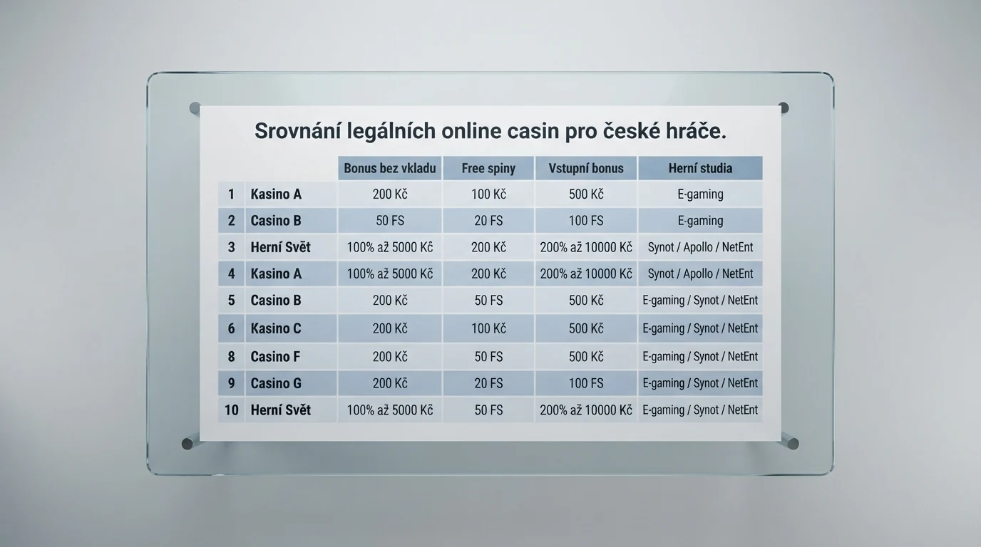 Srovnávací tabulka deseti českých online casin s údaji o free spinech, vkladových bonusech a protočení
