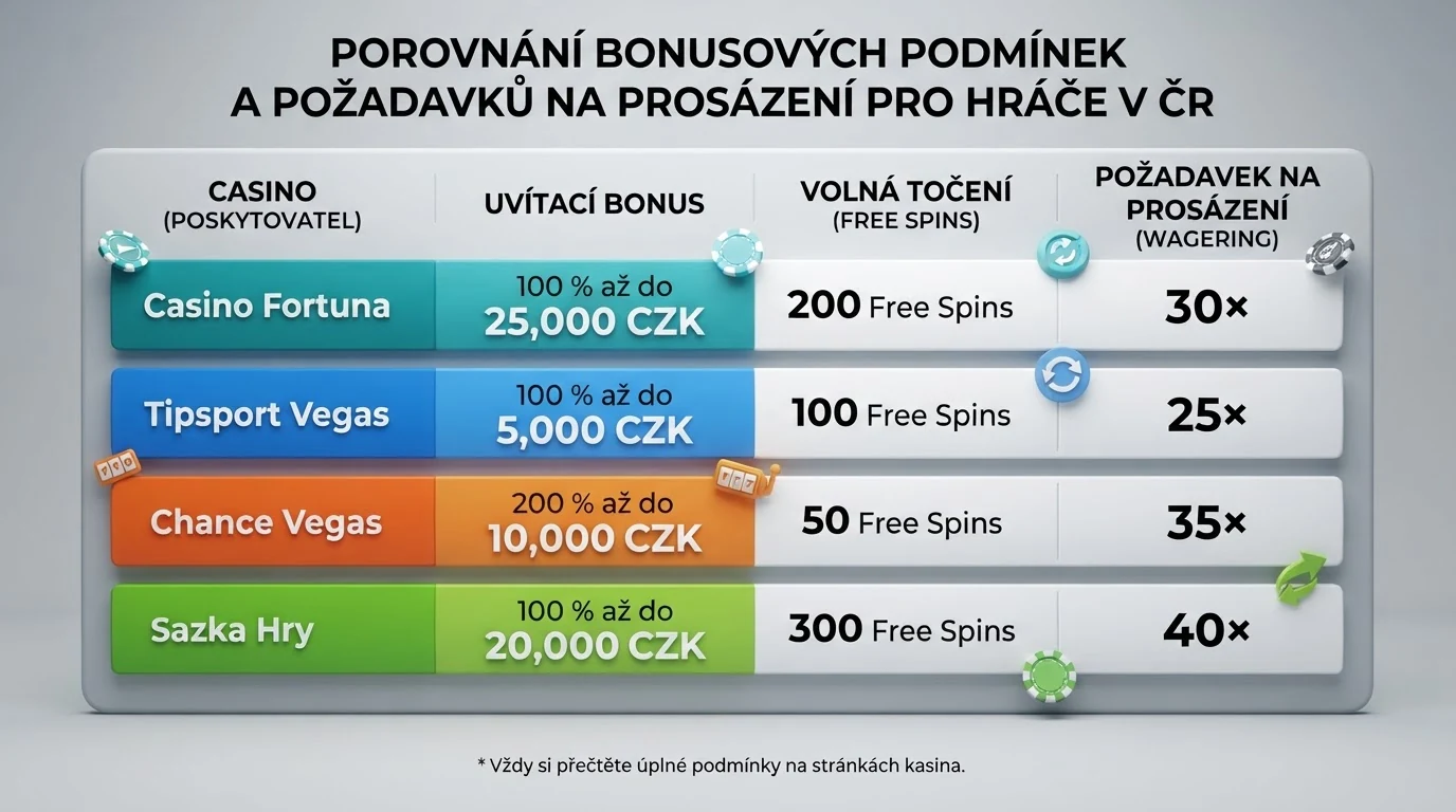 Srovnávací tabulka deseti kasin s bonusy, protočením a držiteli licence
