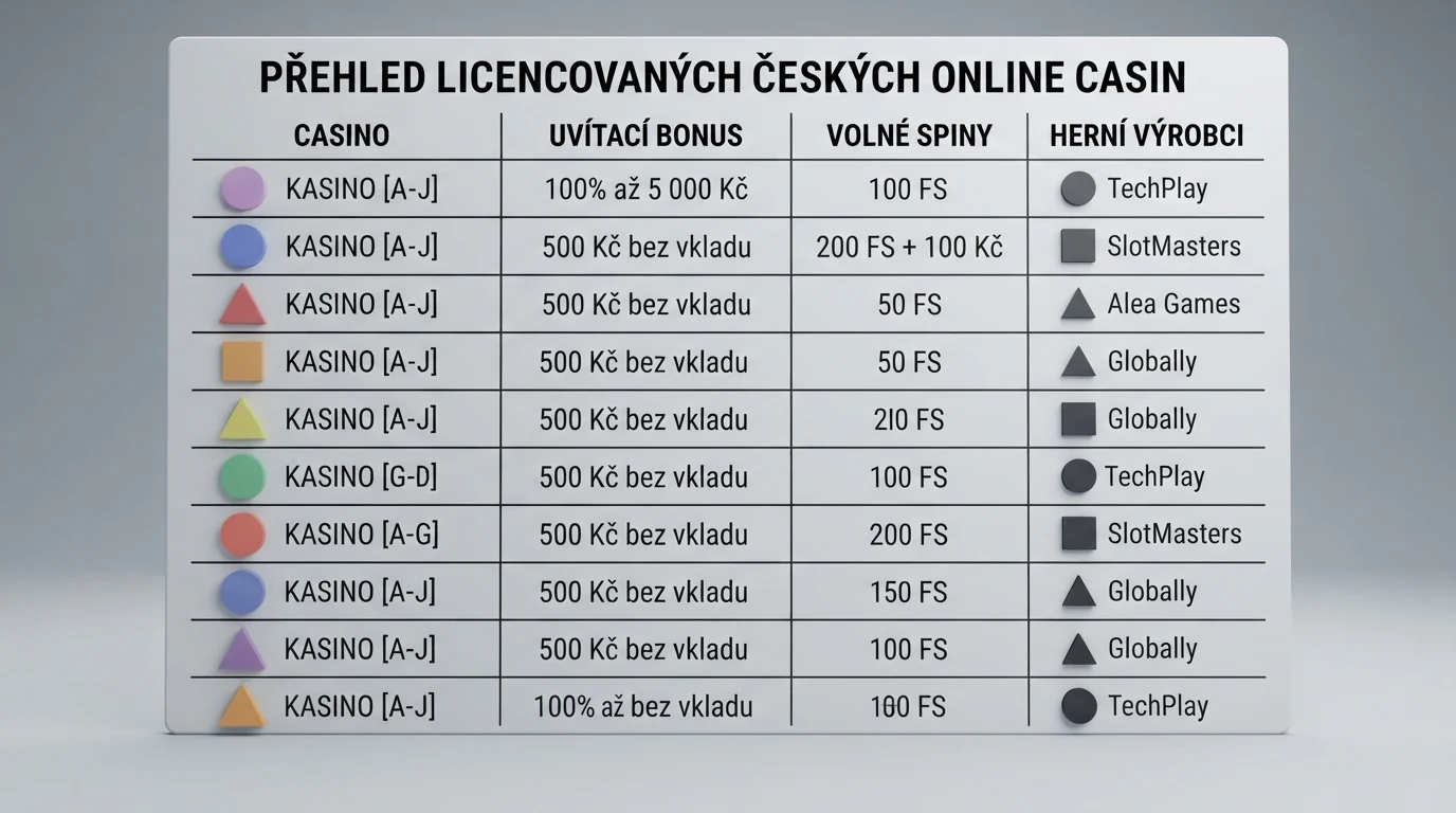 Srovnávací přehled deseti českých licencovaných online casin s jejich uvítacími bonusy, počty free spinů a logy poskytovatelů her seřazený v tabulce