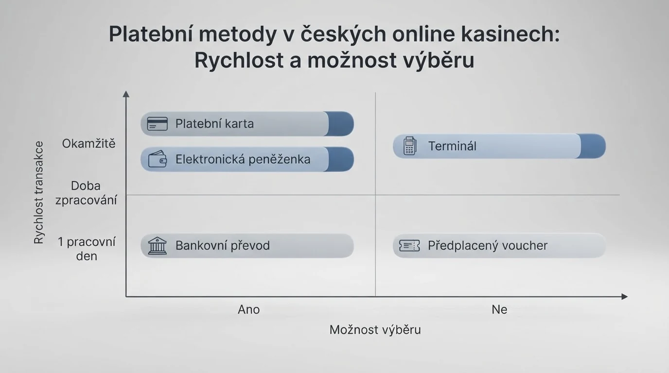 Srovnání šesti hlavních platebních metod podle rychlosti vkladu a možnosti výběru — karta, převod, PayPal, Skrill, Paysafecard a terminál
