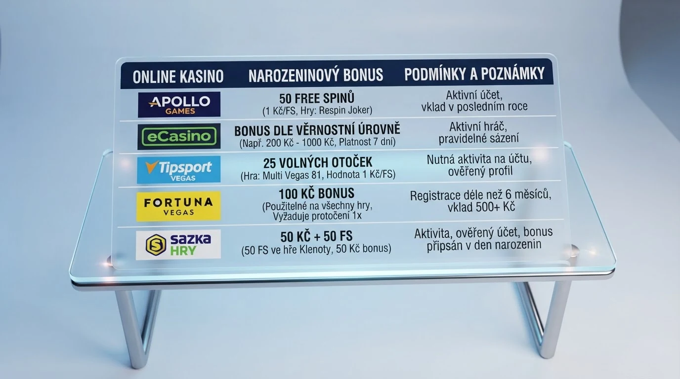 Přehledová tabulka s logy deseti českých kasin a jejich narozeninovými nabídkami