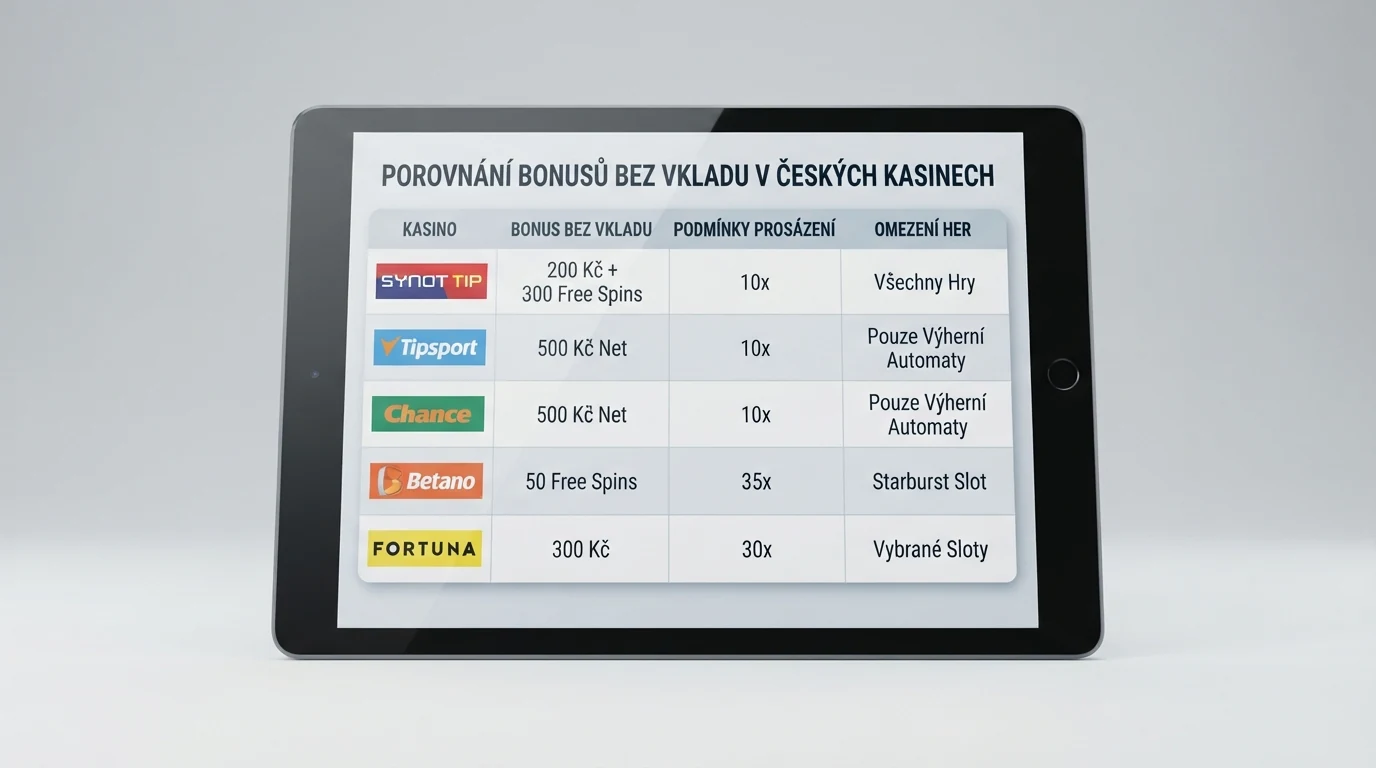 Tabulka s přehledem deseti českých online casin, výší jejich bonusů bez vkladu a licenčních údajů