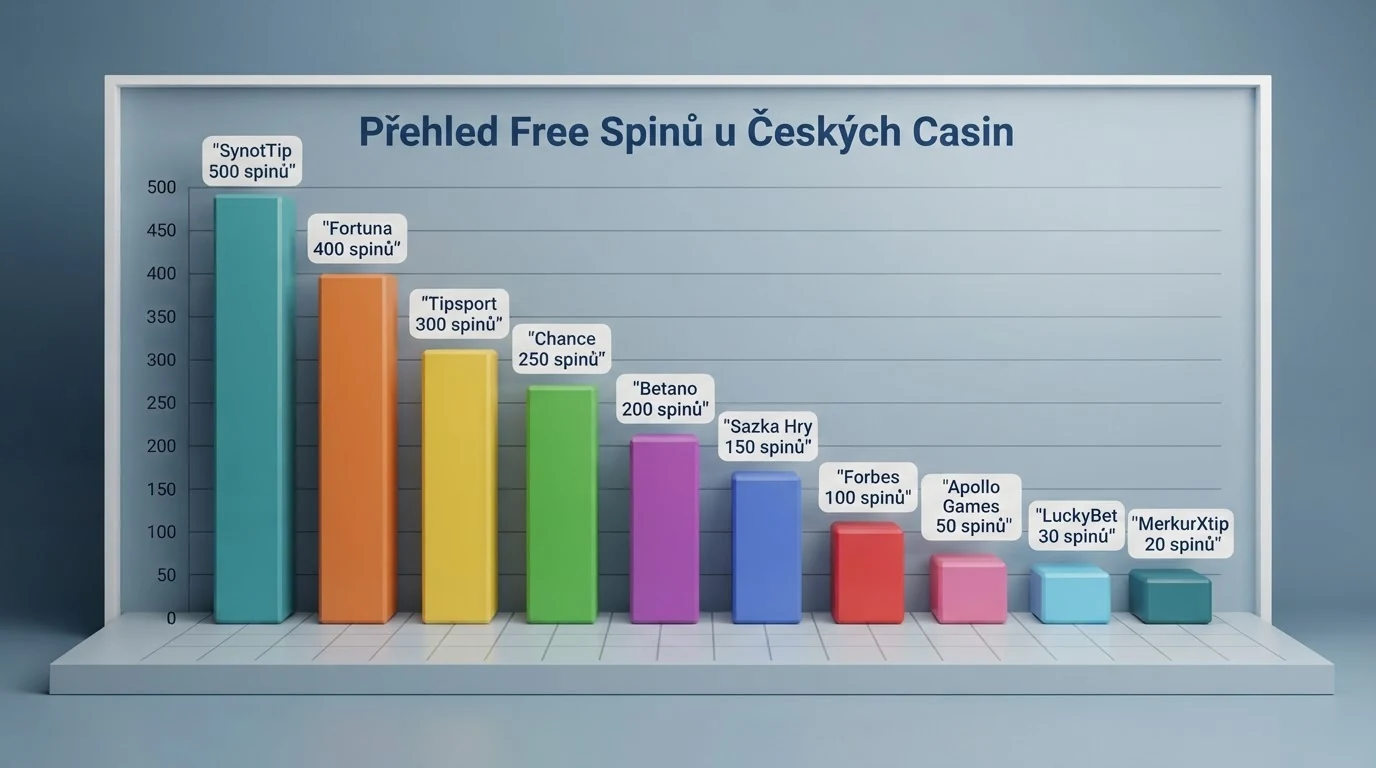 Tabulka s přehledem deseti českých licencovaných casin a počtem free spinů za registraci bez vkladu