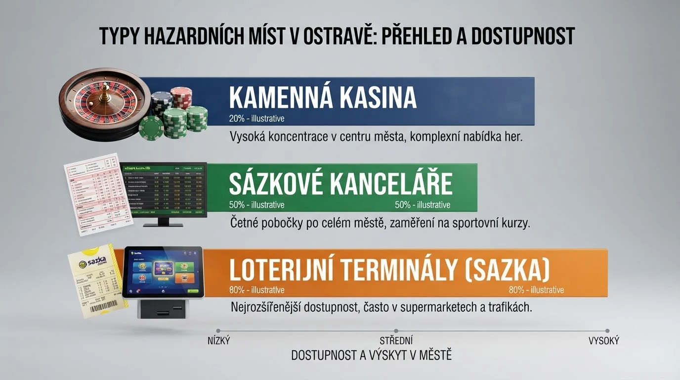 Přehledná infografika zobrazující různé typy hazardních provozoven v Ostravě — kasino, herna, sázková kancelář