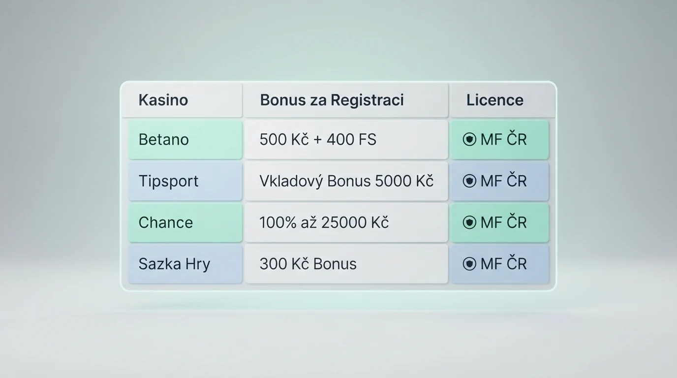 Tabulka srovnání deseti casin podle licence a registračního bonusu