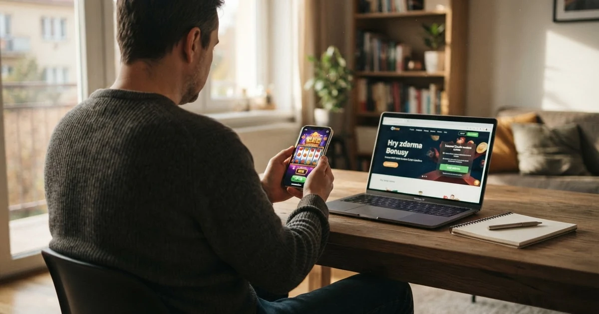 Hráč s mobilem a notebookem — na displeji telefonu demo automat, na notebooku webové kasino, mezi nimi otazník