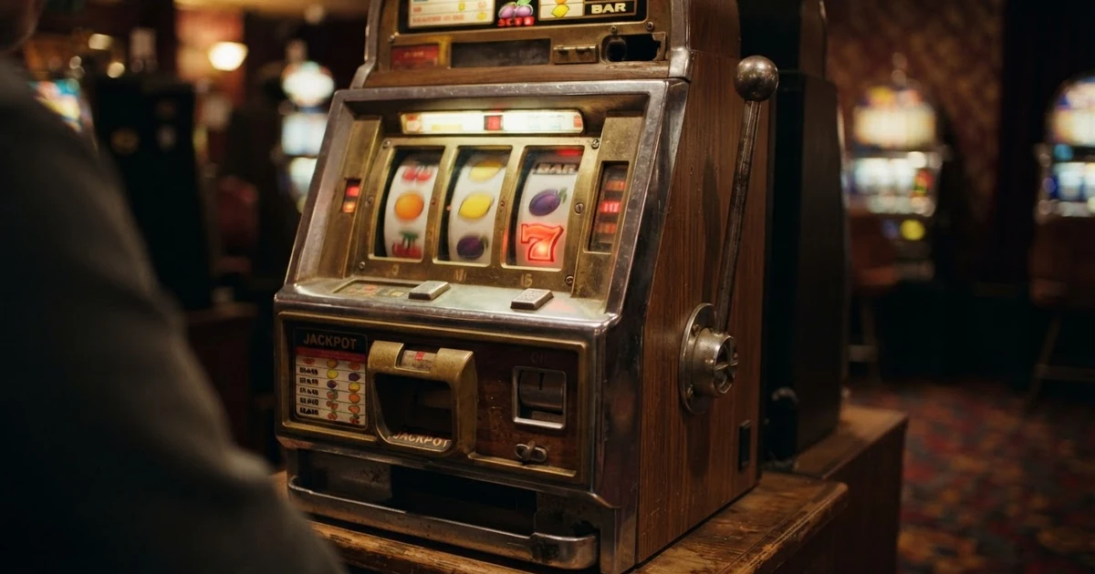 Klasický hrací automat s ovocnými symboly, třemi válci a pákou ve stylu jednorukého bandity
