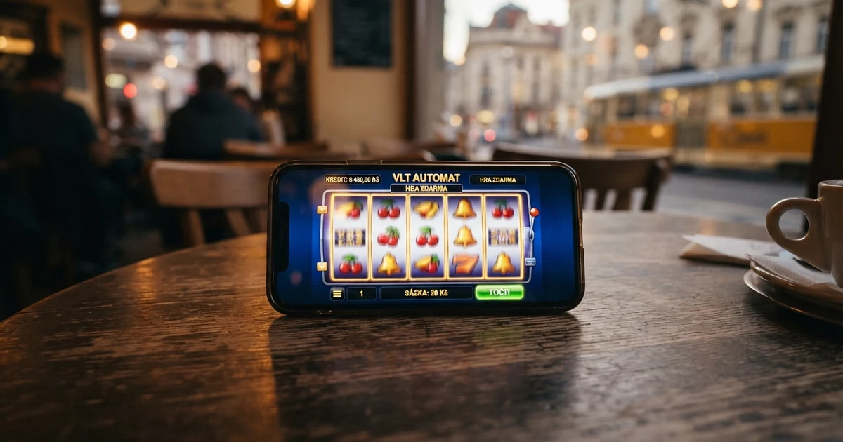 Mobilní telefon s otevřenou casino aplikací, na obrazovce roztočený výherní automat, v pozadí městské české prostředí