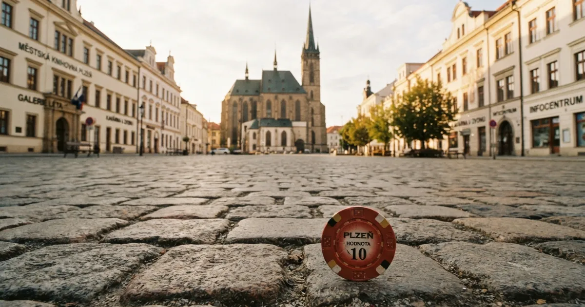 Prázdné náměstí v centru Plzně bez viditelného označení kasina, za denního světla