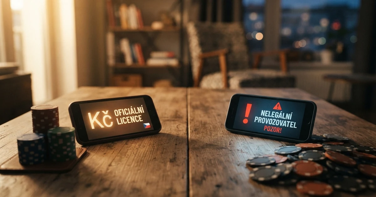 Rozcestník ukazující dvě cesty — licencované (se symbolem MF ČR) a nelicencované online casino (s varovným vykřičníkem)