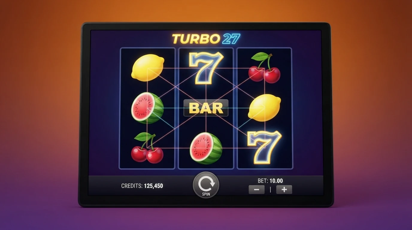 Herní obrazovka automatu Turbo 27 od Kajot Games s 27 výherními liniemi a ovocnými symboly