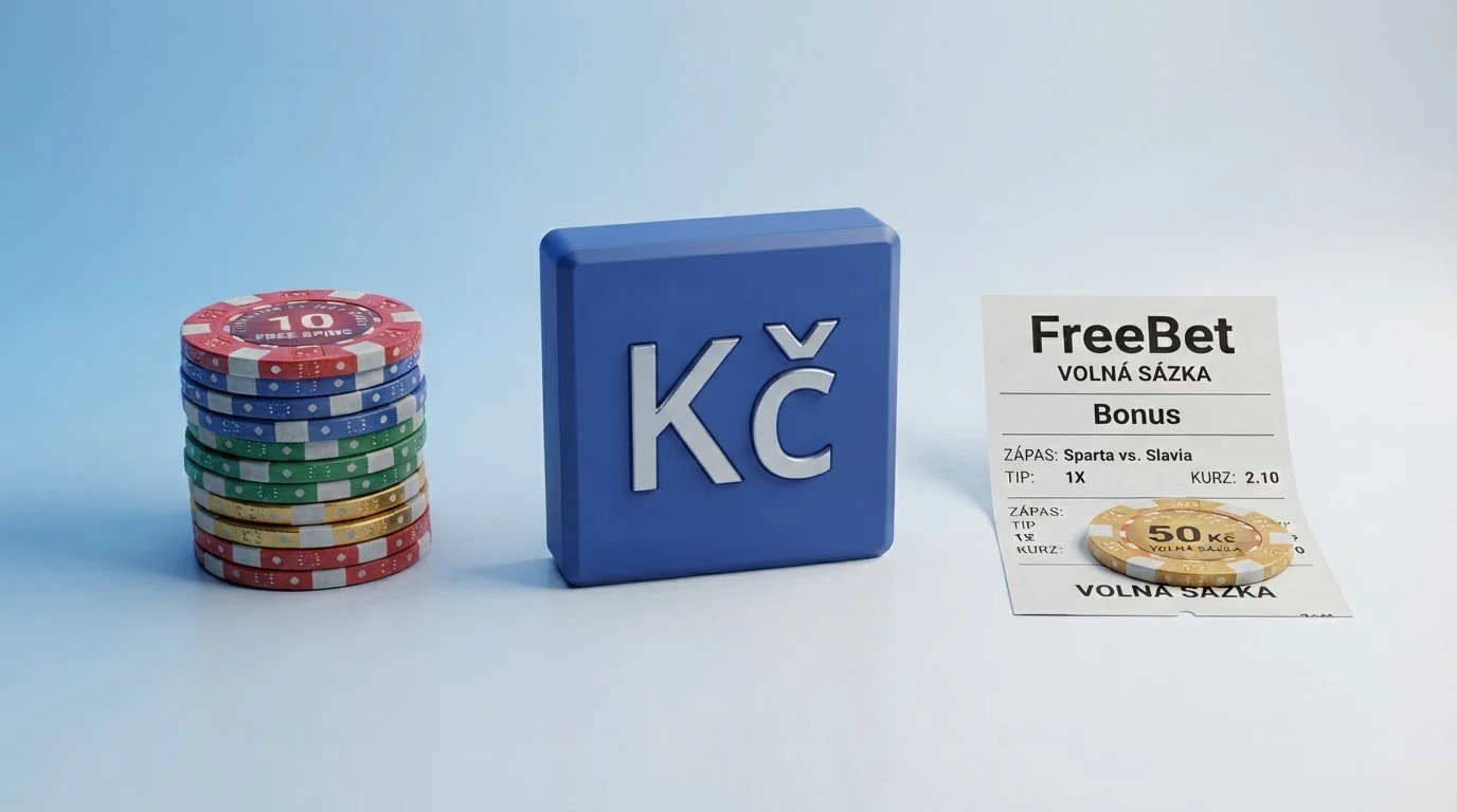 Infografika zobrazující tři hlavní typy bonusů bez vkladu — free spiny, peněžní kredit a kombinaci FS s FreeBetem — vedle sebe s ikonami automatu, mincí a sázkařského tiketu