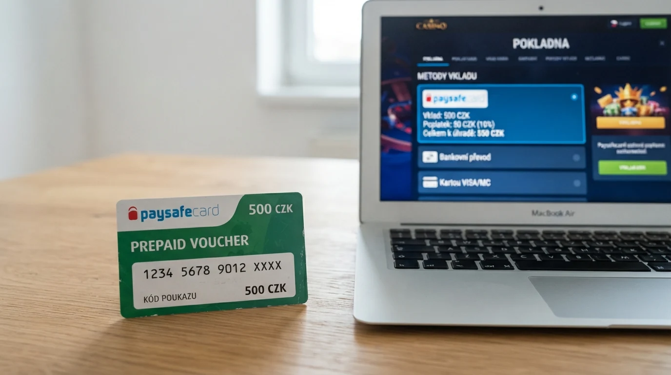 Detail Paysafecard kupónu s 16místným PIN kódem vedle pokladny online casina zobrazující srovnání vkladových metod včetně poplatků