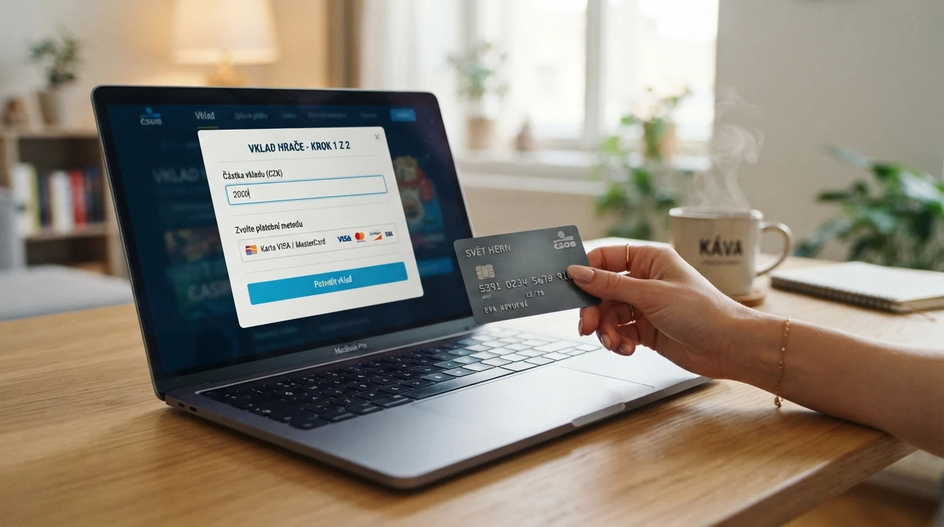 Detail platební karty Revolut na klávesnici notebooku s otevřeným kasinem na obrazovce, pole „částka vkladu“ je zvýrazněné