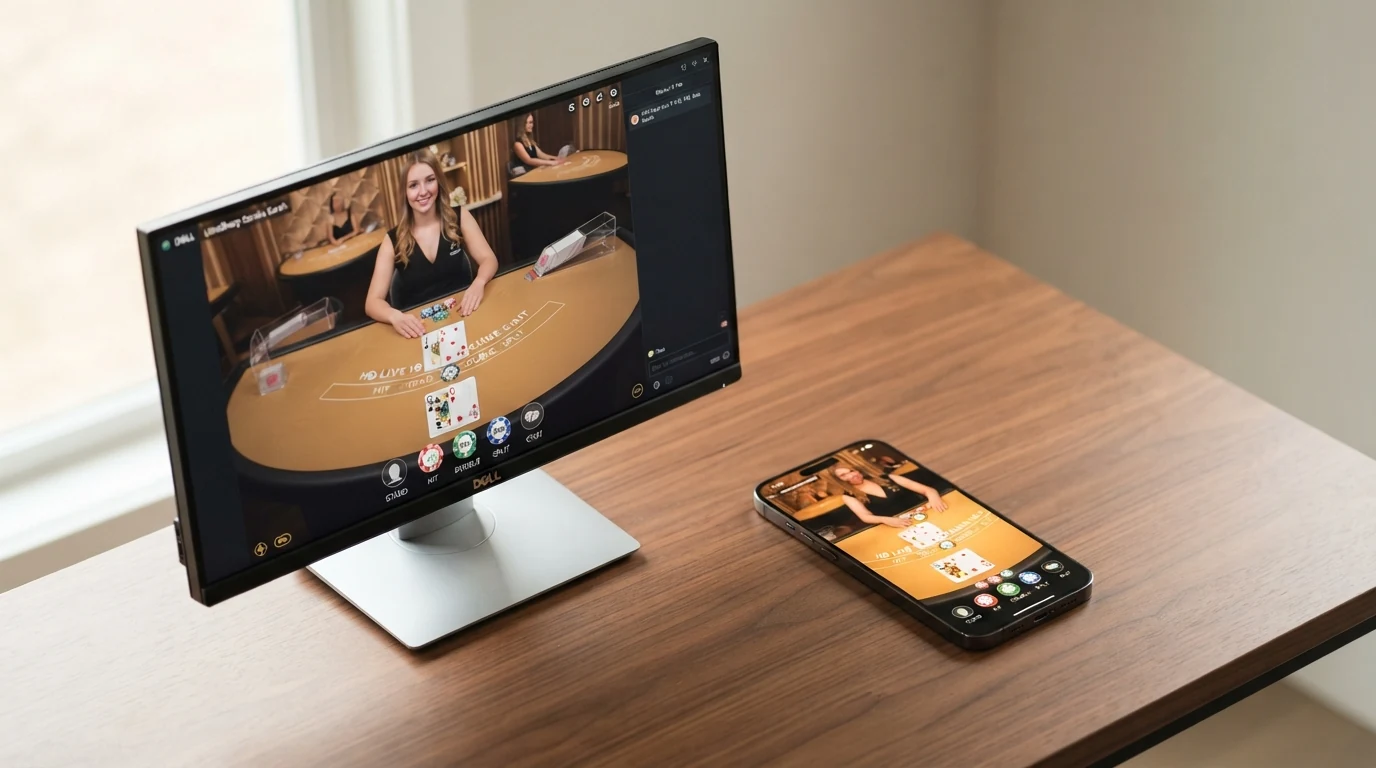 Srovnávací zobrazení live casino rozhraní na monitoru a mobilu, vedle sebe