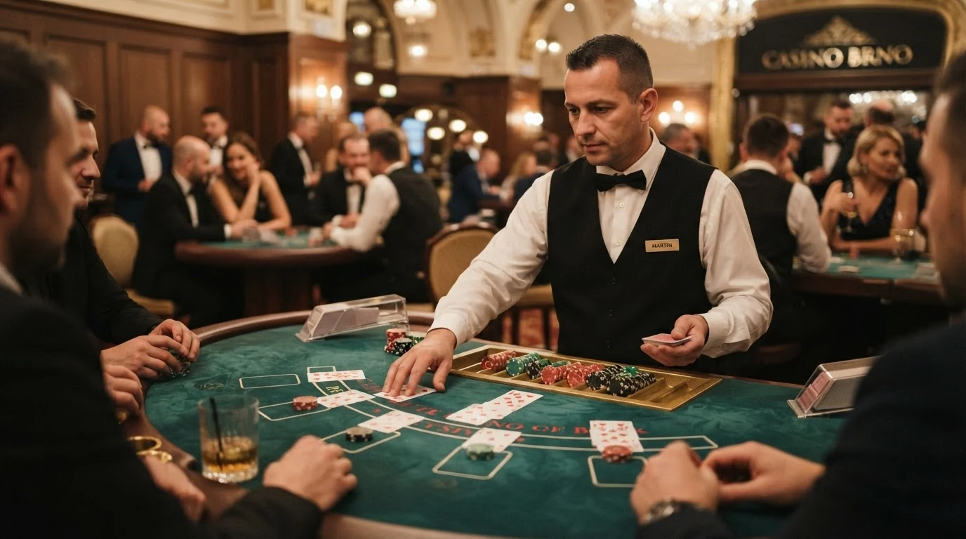 Interiér kasina s živými hracími stoly — ruleta a blackjack s krupiéry — bez výherních automatů v pozadí