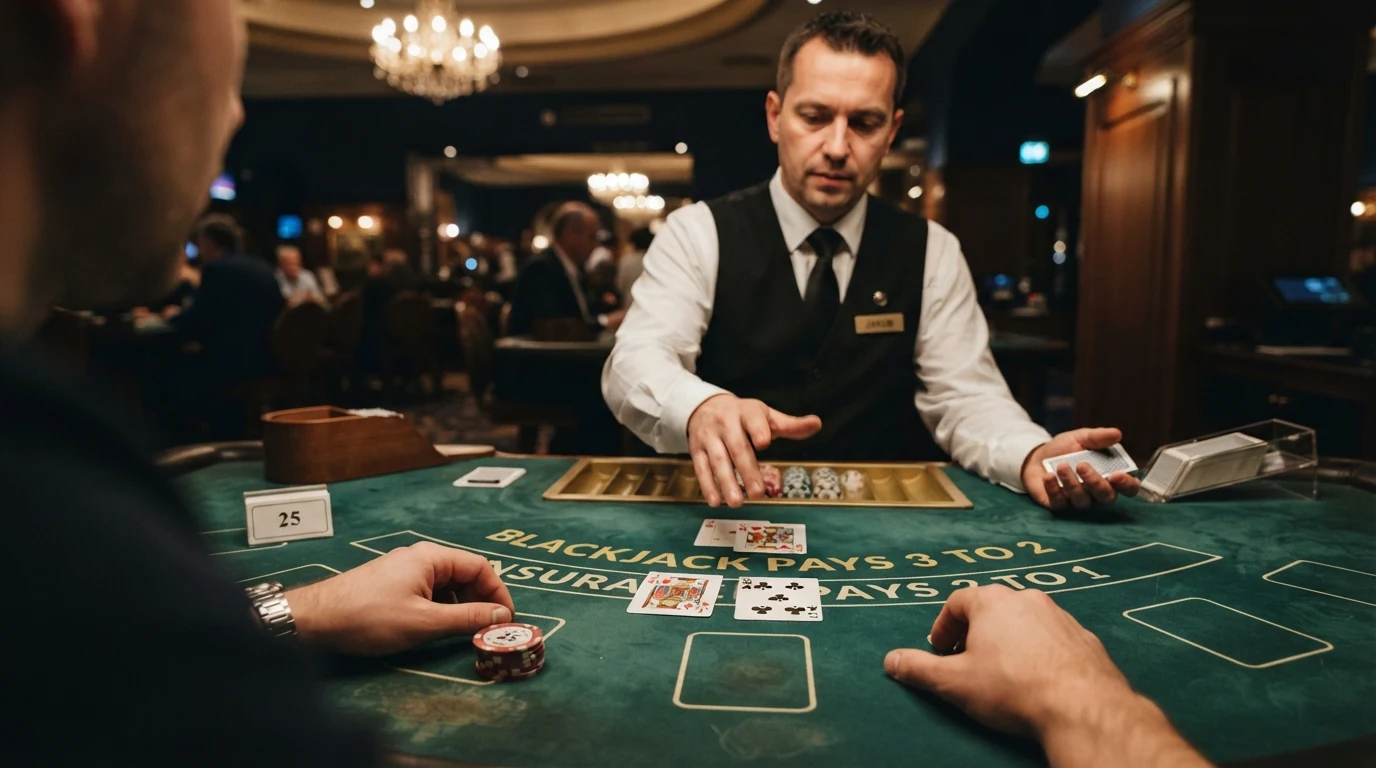 Krupiér rozdávající karty u blackjackového stolu v pražském kasinu