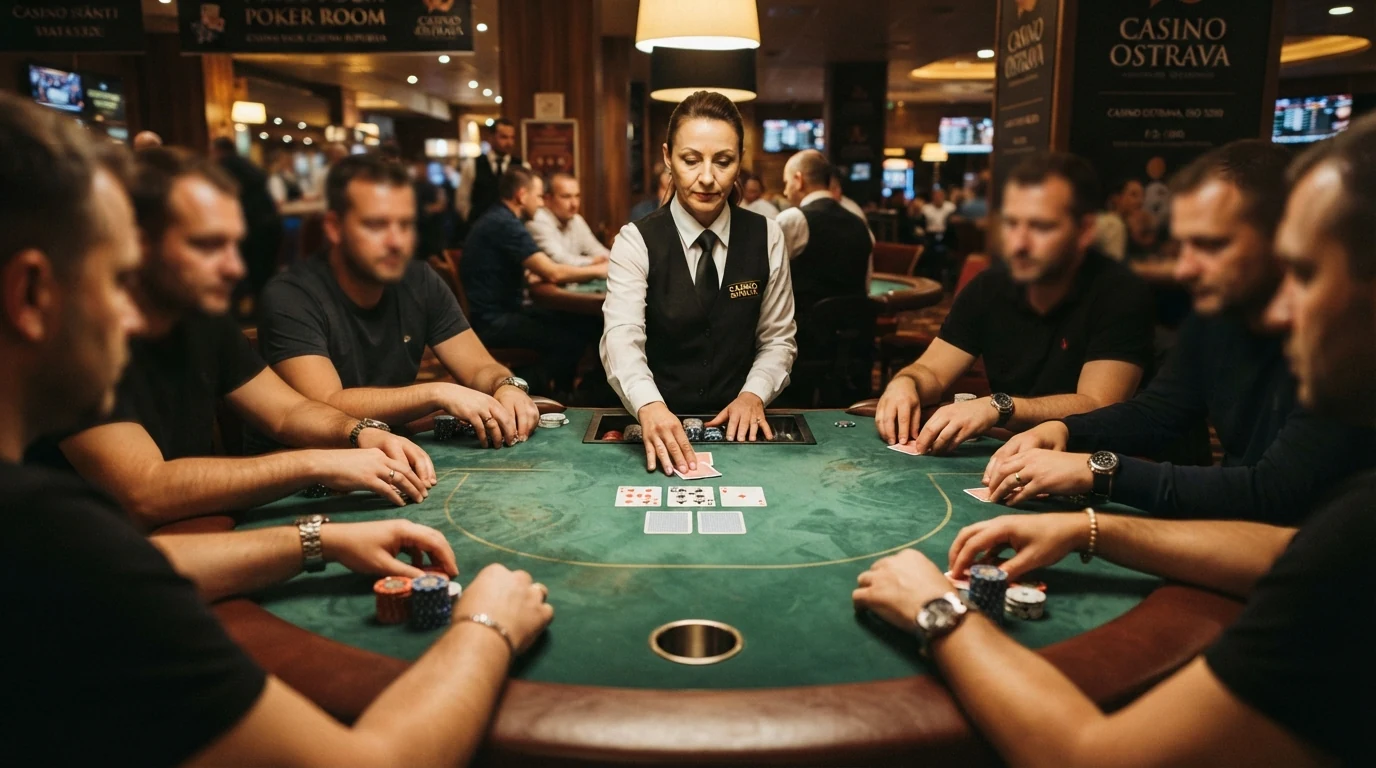 Detail hracího stolu s krupiérem při živé pokerové hře — žetony, karty a ruce hráčů