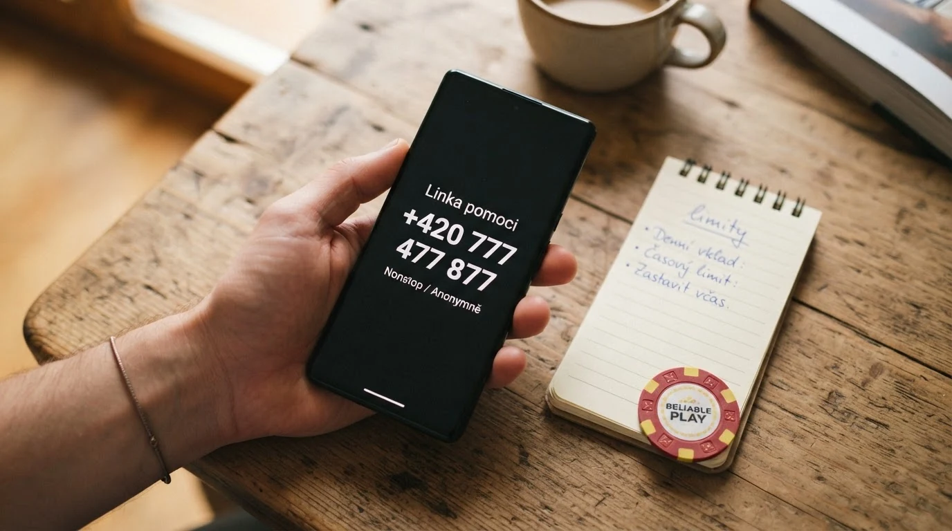 Telefon s číslem linky pomoci na displeji, položený vedle poznámkového bloku s nápisem „limity“